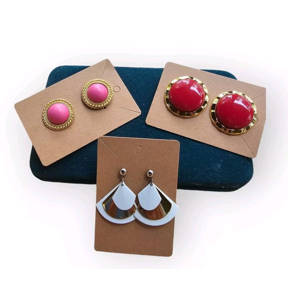 Lot Of 3 Vtg Metal Earrings Pierced 80s 90s Costume Jewelry Dangle Button Gold